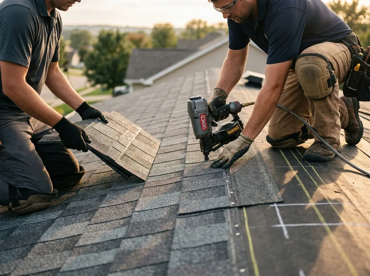 Professional roofer working on a residential roof in Atherton